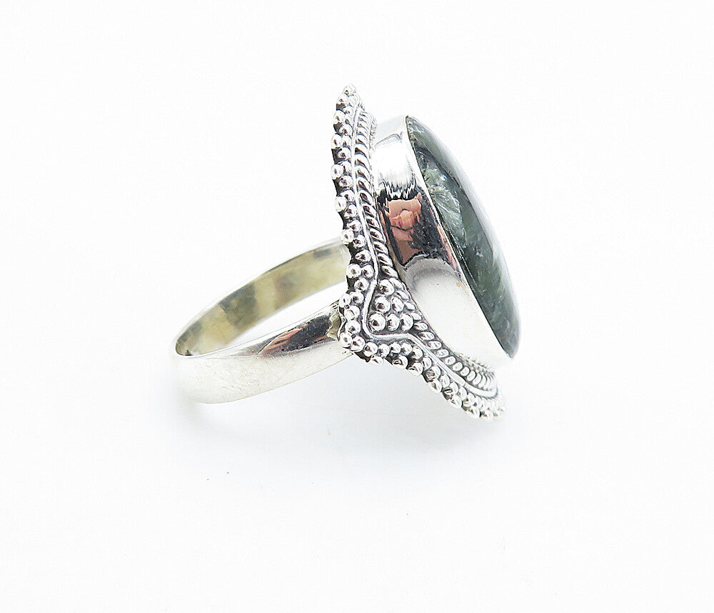 925 Sterling Silver Green Jasper Twist Border Cocktail Ring Sz 9 RG7744