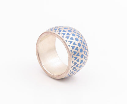 925 Sterling Silver Vintage Ring Blue Intricate Lattice Pattern  Sz 7  RG34497