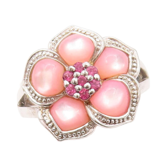 925 Sterling Silver Vintage Ring Designer Pink Cat Eye & CZ Flower SZ 8  RG31991