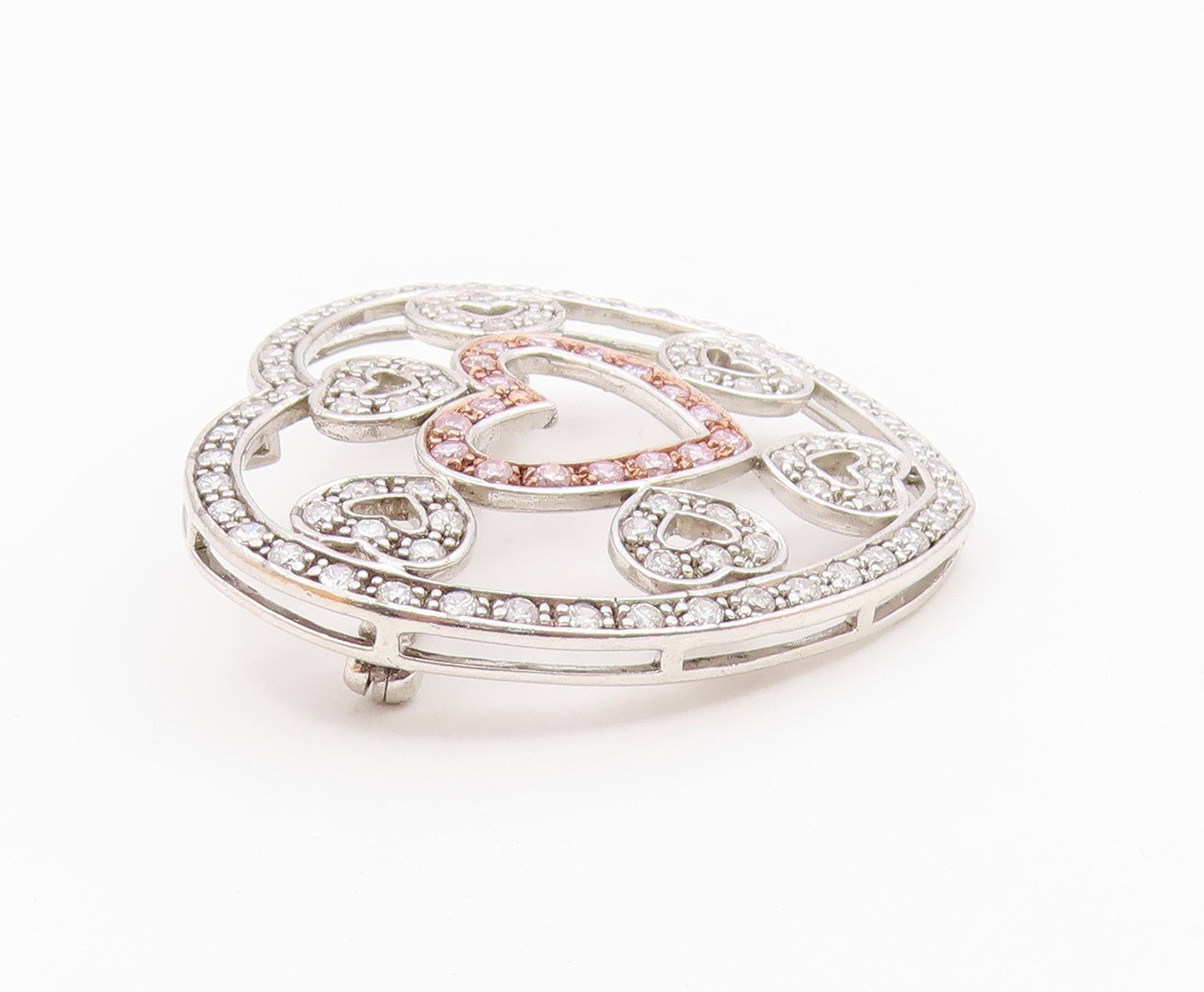 925 Sterling Silver  Pink & White Cubic Zirconia Love Heart Brooch Pin  BP5490