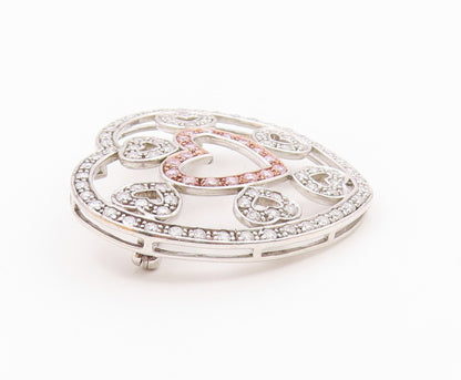 925 Sterling Silver  Pink & White Cubic Zirconia Love Heart Brooch Pin  BP5490