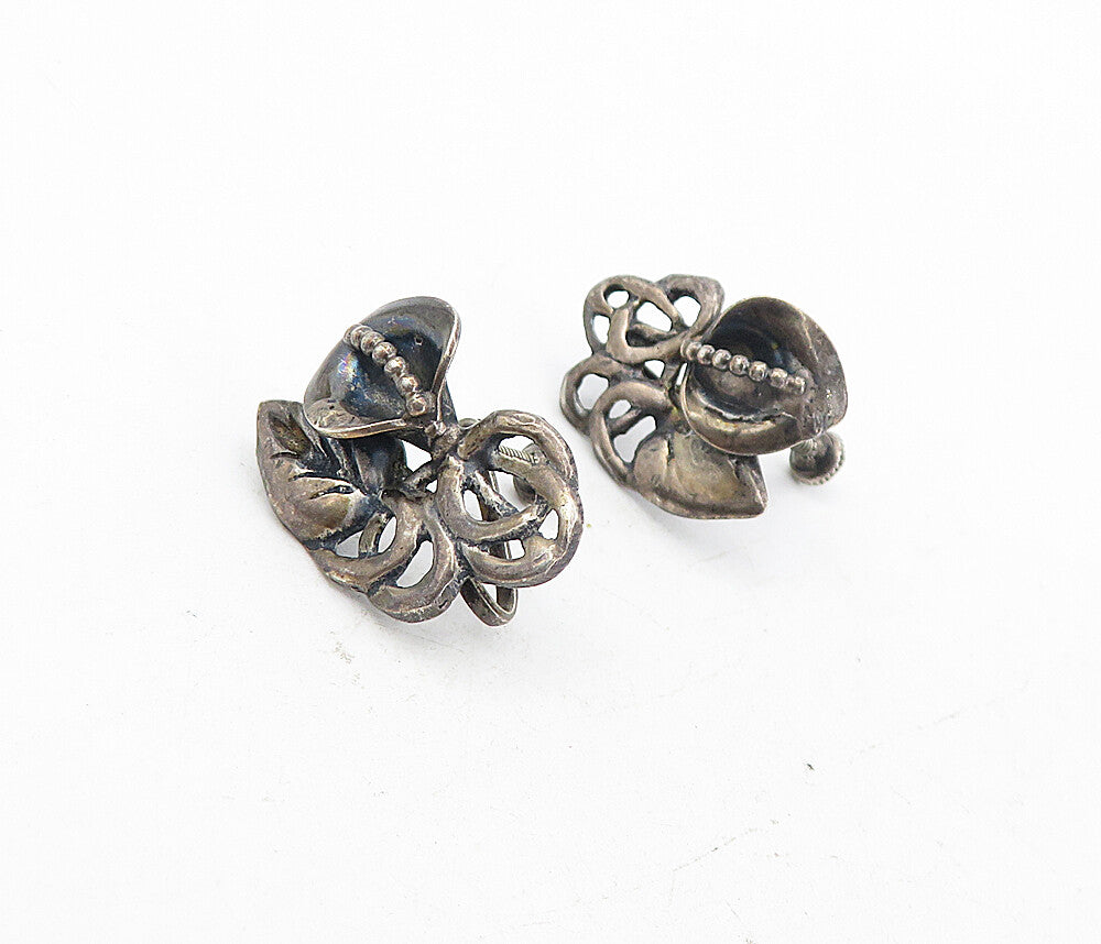 925 Sterling Silver  Vintage Dark Tone Floral Leaf Non Pierce Earrings  EG4048