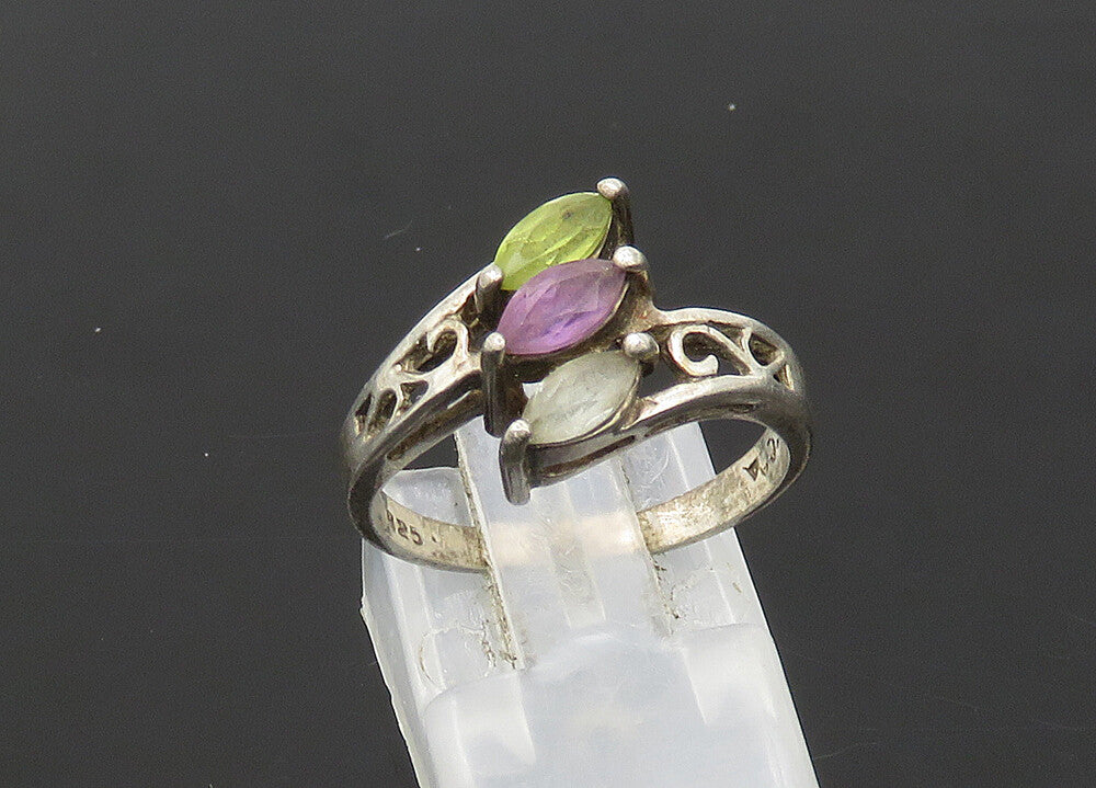 925 Silver  Vintage Amethyst Peridot & Blue Topaz Band Ring Sz 7  RG21205