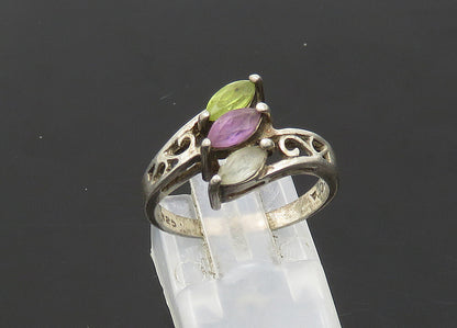 925 Silver  Vintage Amethyst Peridot & Blue Topaz Band Ring Sz 7  RG21205