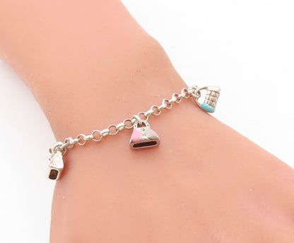 925 Sterling Silver  Vintage Enamel Handbag Charmed Chain Bracelet  BT3108