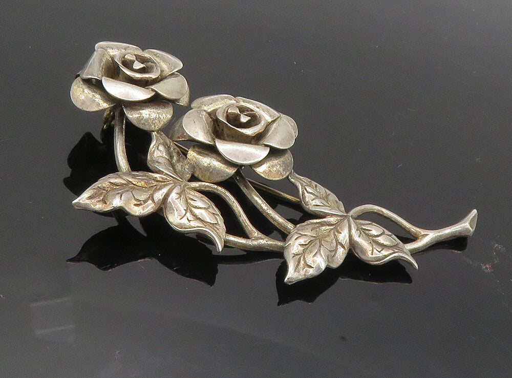 BEAU 925 Sterling Silver  Vintage Sculpted Rose Flowers Brooch Pin  BP3411