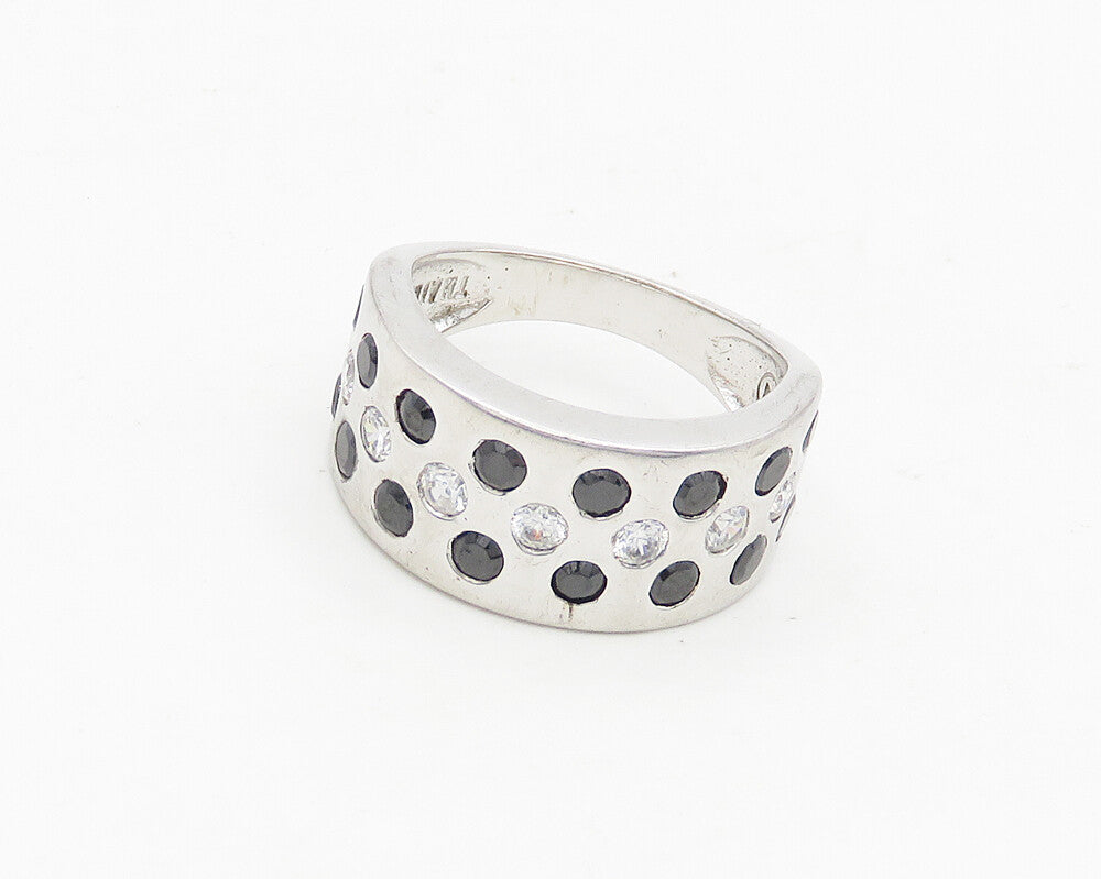 925 Sterling Silver  Black Hematite & Topaz Dotted Band Ring Sz 6  RG18458