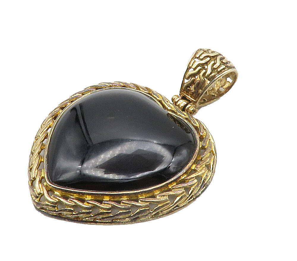925 Sterling Silver  Vintage Cabochon Black Onyx Love Heart Pendant  PT11716