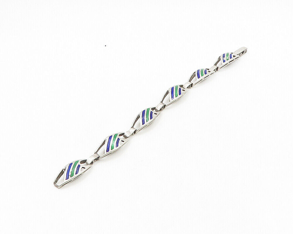 925 Sterling Silver  Vintage Enamel Striped Pattern Chain Bracelet  BT7861