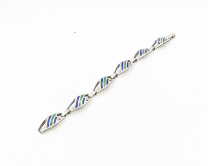 925 Sterling Silver  Vintage Enamel Striped Pattern Chain Bracelet  BT7861