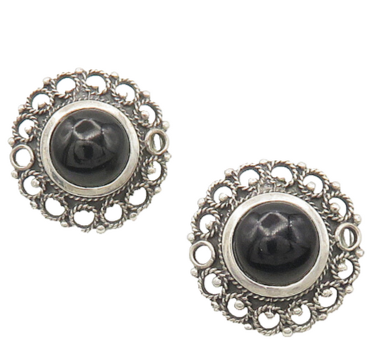 925 Silver  Vintage Black Onyx & Marcasite Floral Motif Drop Earrings  EG9333