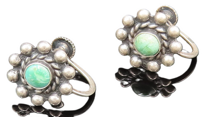 925 Silver  Vintage Green Turquoise Beaded Flower Screw Back Earrings  EG12277