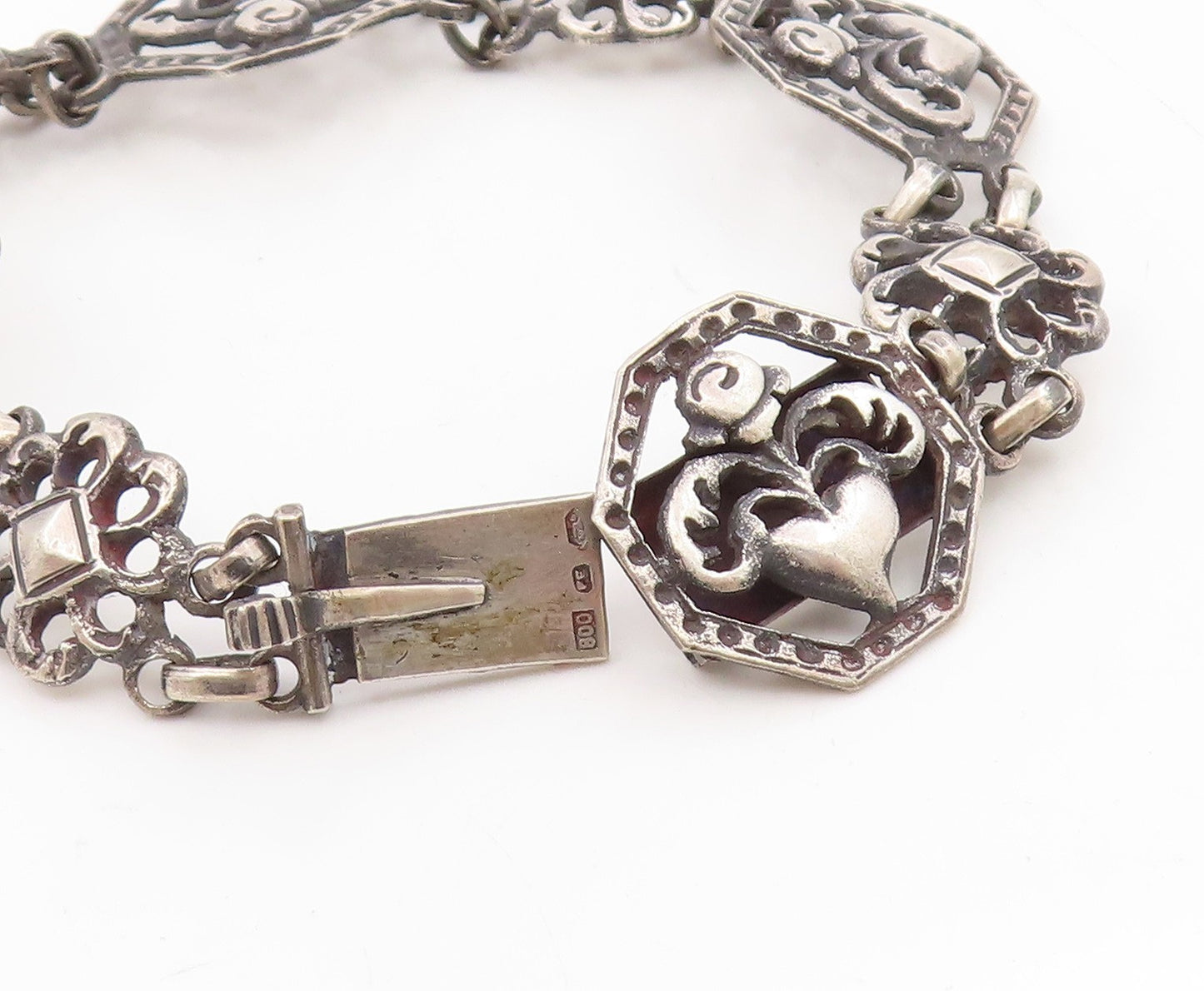 925 Sterling Silver Vintage Bracelet EUROPE Openwork Floral Love Heart  BT11736