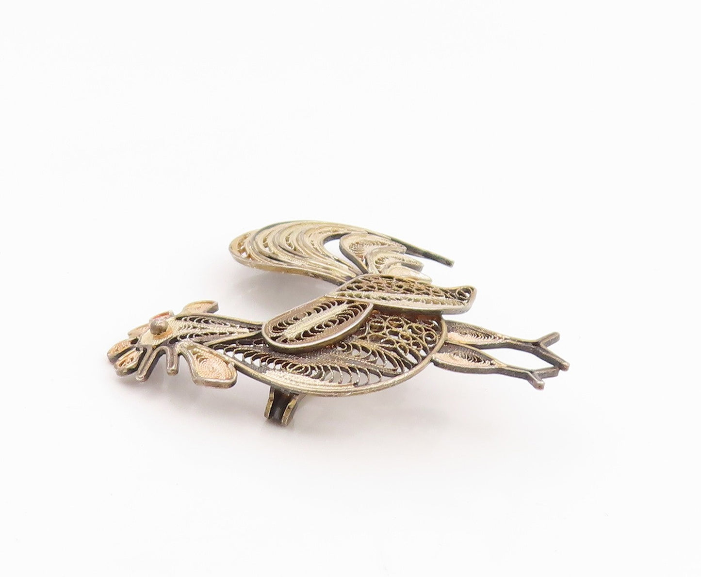 925 Sterling Silver Vintage Brooch Pin Intricate Filigree Rooster Bird  BP12370