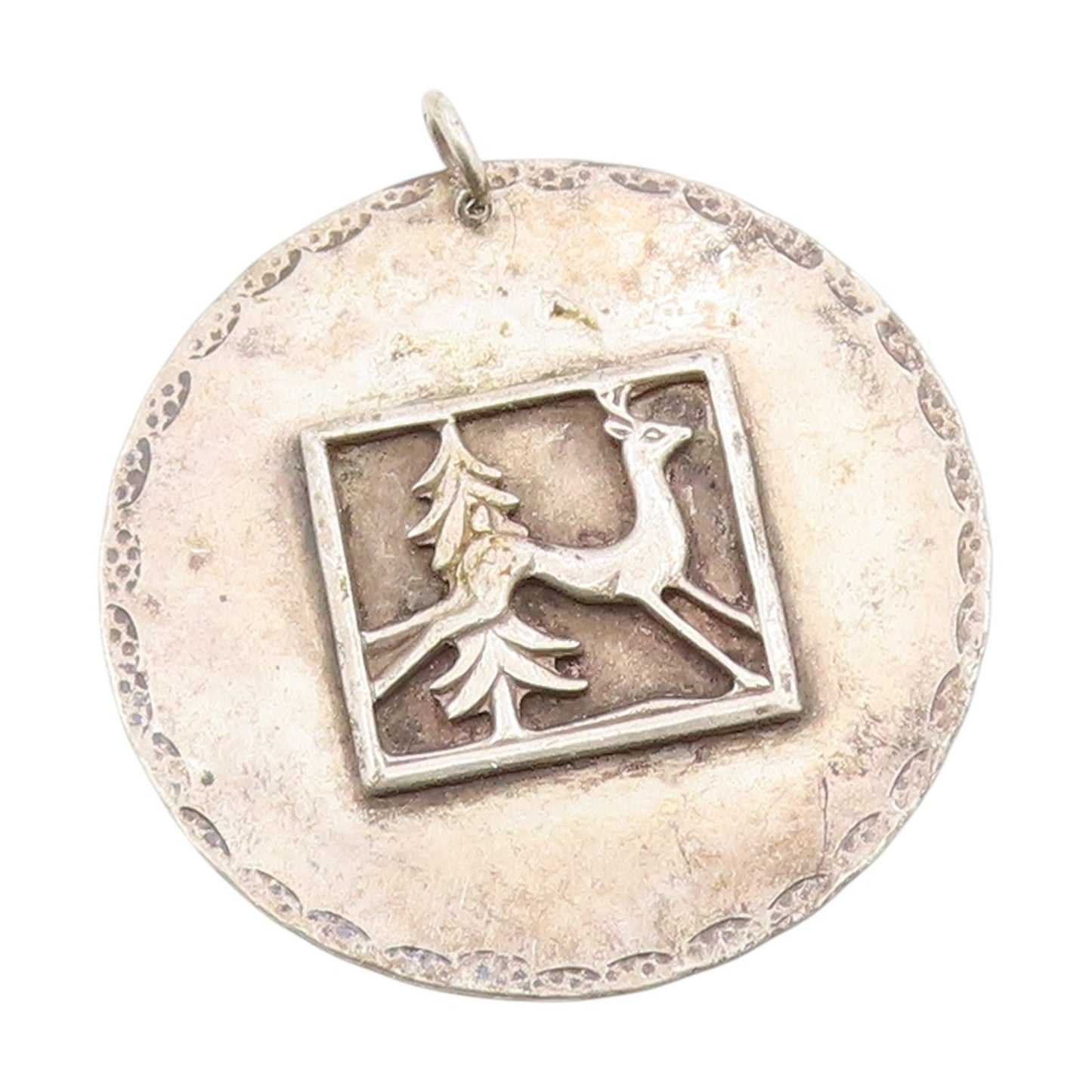 925 Sterling Silver Vintage Pendant Carved Reindeer & Pine Tree Medal  PT25474