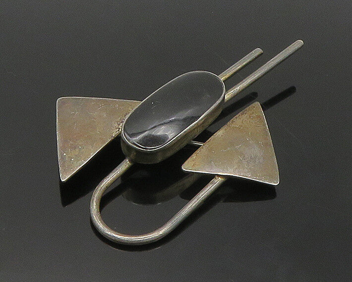 MEXICO 925 Sterling Silver Vintage Black Onyx Modernist Brooch Pin BP6885