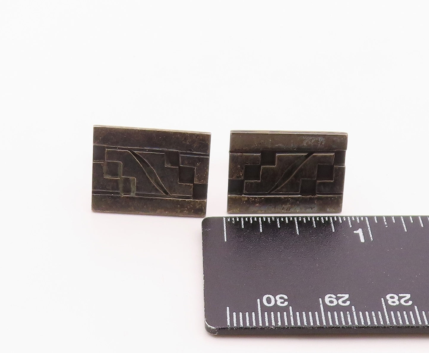 TAXCO 925 Silver  Vintage Carved Stairs Maze Motif Tribal Cuff Links  TR3450