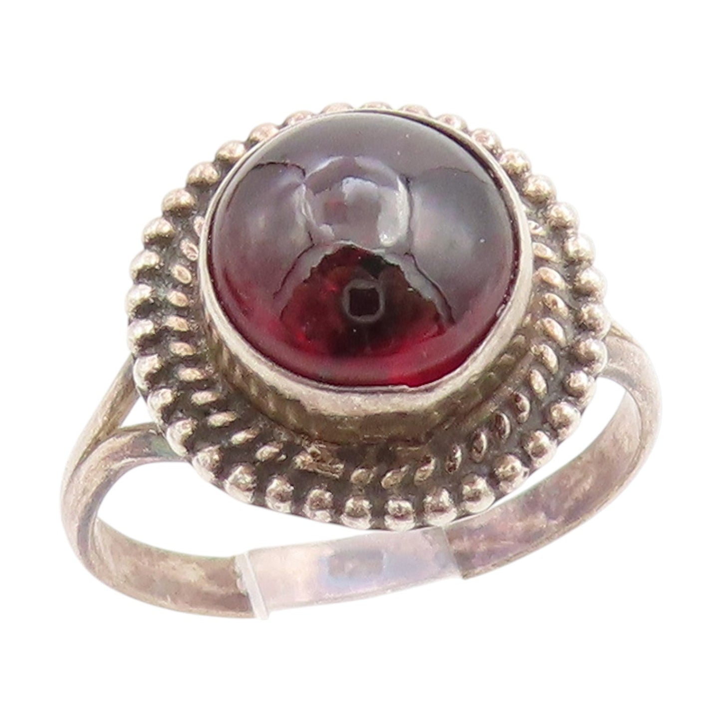 925 Sterling Silver Vintage Ring Cabochon Garnet Halo Rope Border Sz 5.5 RG34816