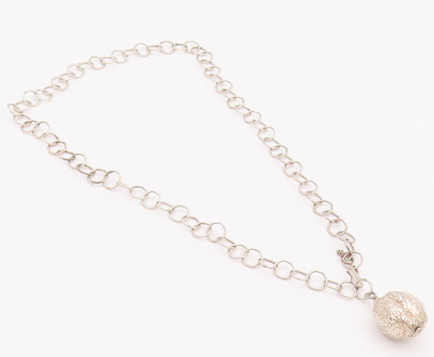 925 Sterling Silver Vintage Necklace Rough Dented Ring Liked Large Bead  NE4244