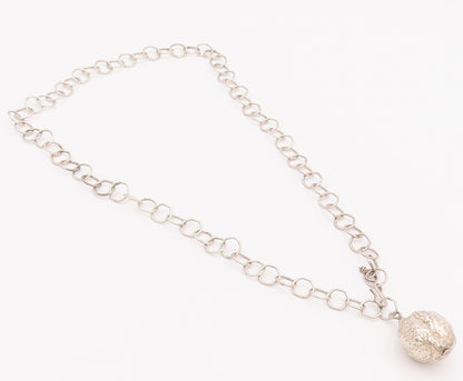 925 Sterling Silver Vintage Necklace Rough Dented Ring Liked Large Bead  NE4244