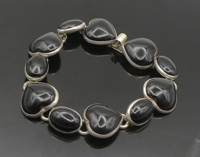 MEXICO 925 Sterling Silver  Vintage Black Onyx Hearts Chain Bracelet  BT7458