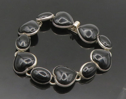 MEXICO 925 Sterling Silver  Vintage Black Onyx Hearts Chain Bracelet  BT7458