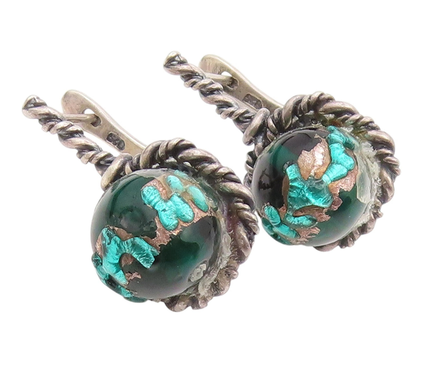 925 Sterling Silver Vintage Earrings Green Gemstone Twisted Rope Drop  EG14213