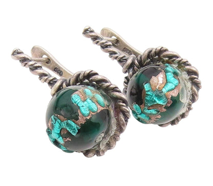 925 Sterling Silver Vintage Earrings Green Gemstone Twisted Rope Drop  EG14213