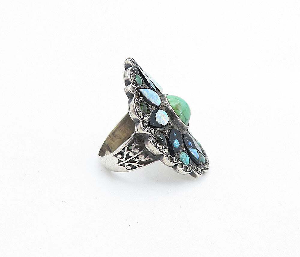 925 Silver  Vintage Turquoise Onyx & Opal Victorian Cocktail Ring Sz 5  RG7641