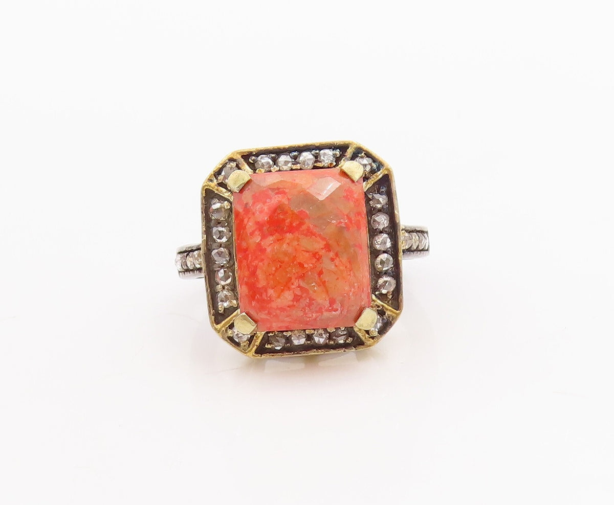 925 Sterling Silver Vintage Ring Orange Gemstone Halo Diamonds  Sz 7  RG29216