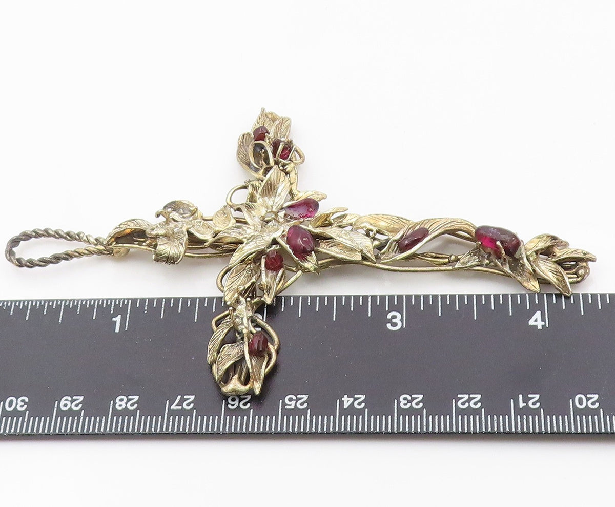 925 Sterling Silver Vintage Large Garnet Leaf Religious Cross Pendant PT21019