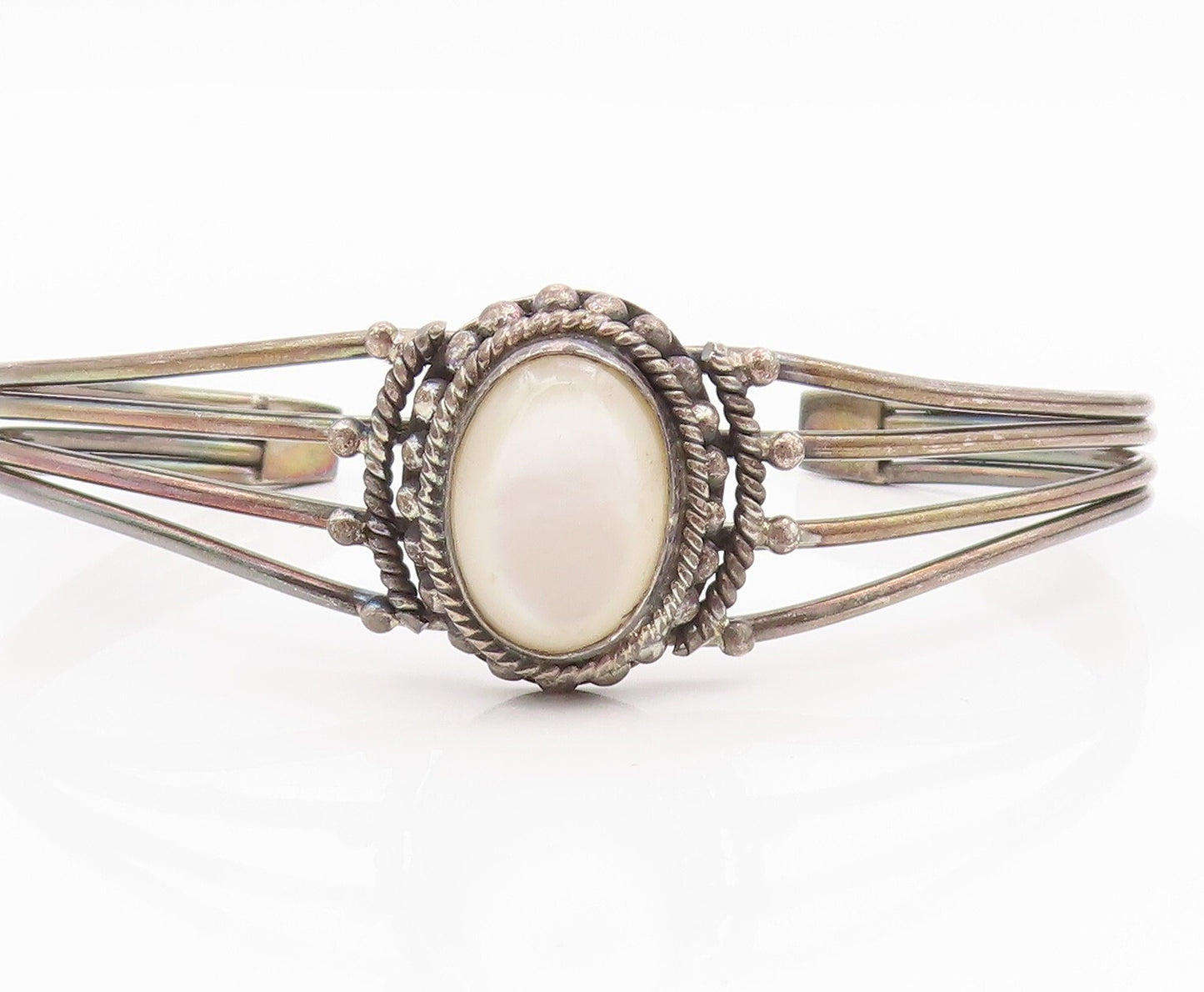 925 Sterling Silver Vintage Bracelet BALI Oval Mother Of Pearls Cuff  BT10998