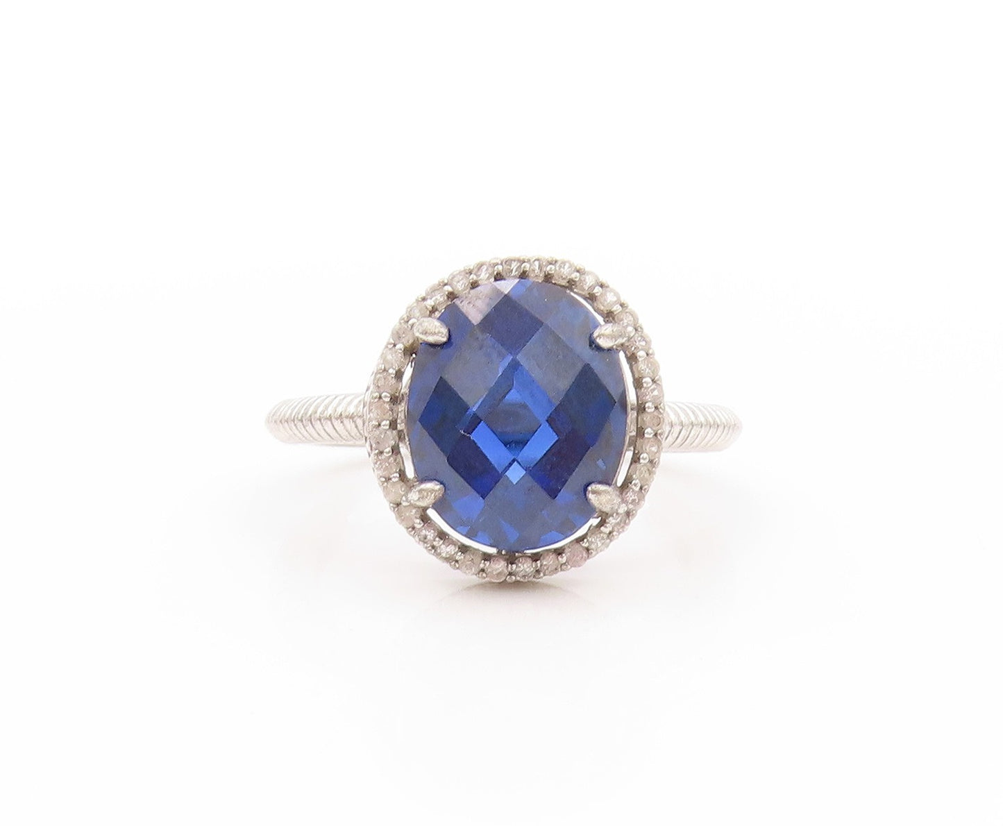 925 Sterling Silver Vintage Ring Designer Sapphire Halo CZ  Sz 7  RG32891