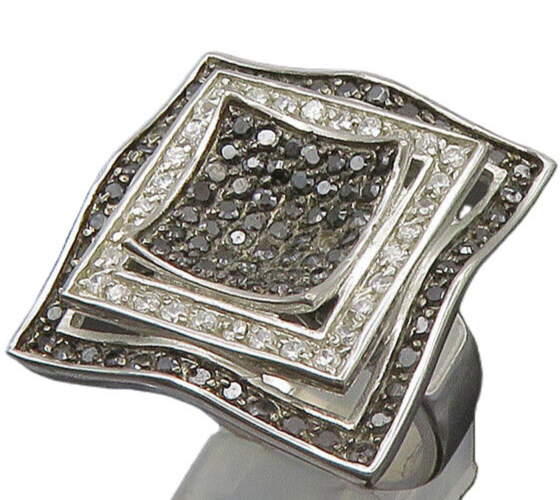 925 Silver  Vintage Cubic Zirconia & Black Spinel Cocktail Ring Sz 9  RG22746