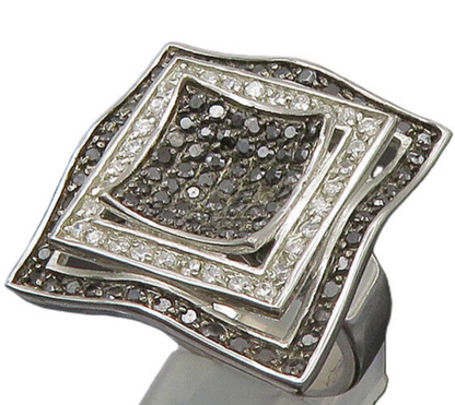 925 Silver  Vintage Cubic Zirconia & Black Spinel Cocktail Ring Sz 9  RG22746