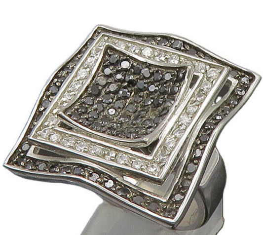 925 Silver  Vintage Cubic Zirconia & Black Spinel Cocktail Ring Sz 9  RG22746