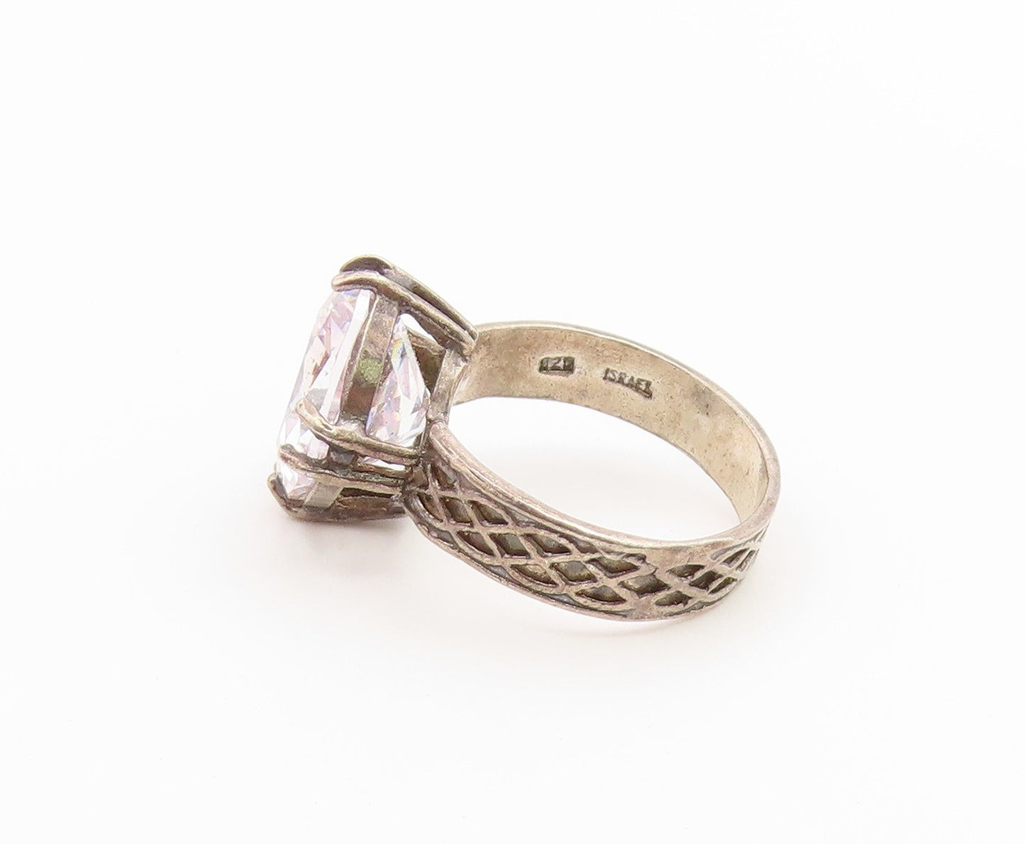 925 Sterling Silver Vintage Ring ISRAEL CZ Textured Latticework  Sz 7.5  RG36884