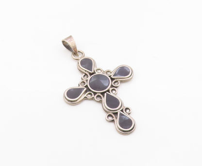 MEXICO 925 Silver  Vintage Inlaid Black Onyx Religious Cross Pendant  PT20794
