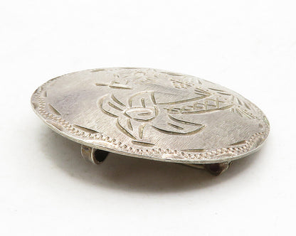 J.J.M. 925 Silver  Vintage Dark Tone Etched Palm Tree Scene Brooch Pin  BP4934