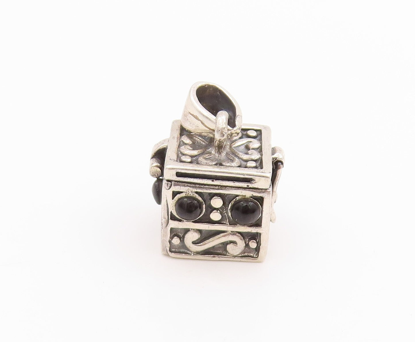 925 Sterling Silver Vintage Pendant Onyx Swirly Carved Box Charm OPENS  PT24701