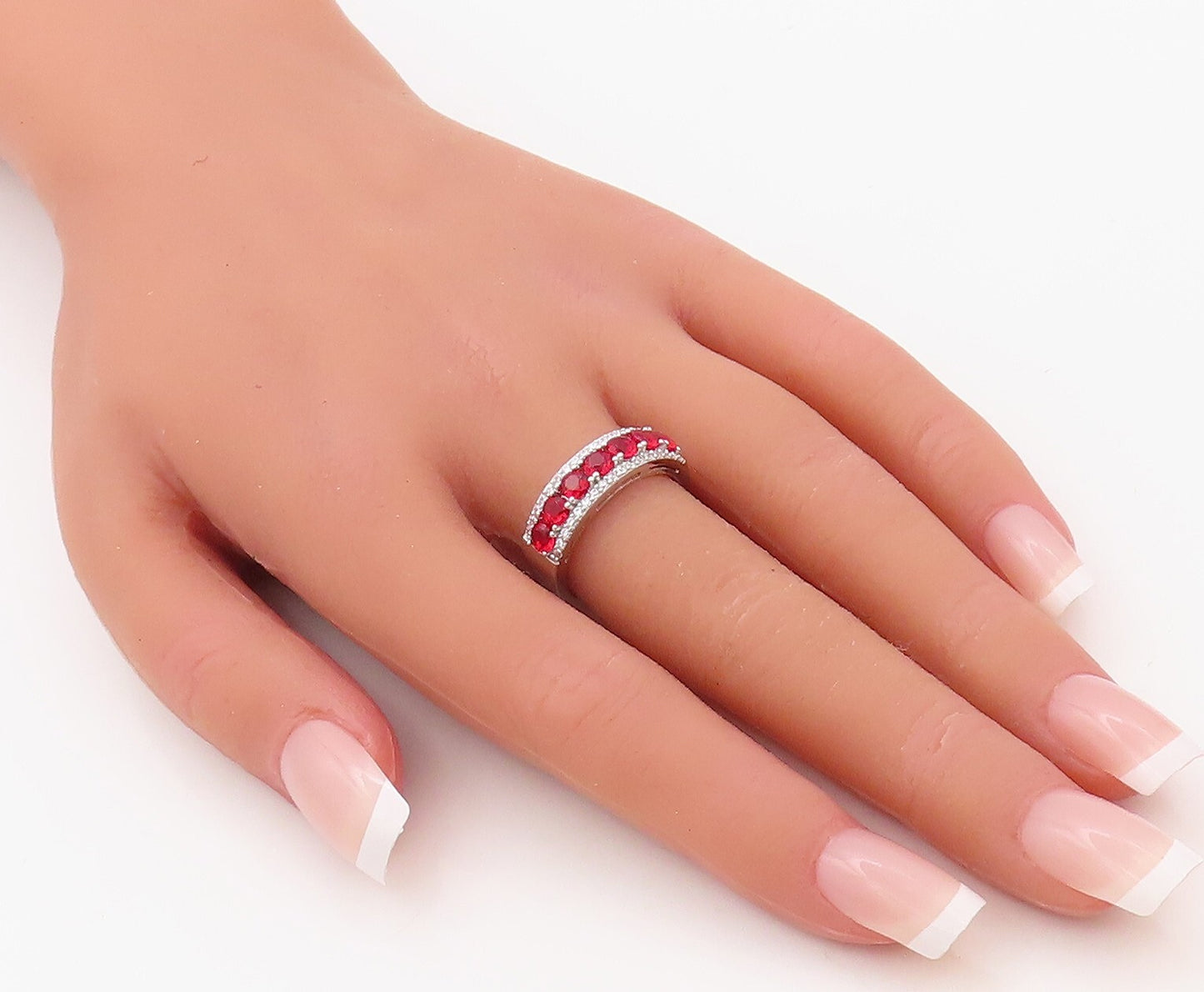 925 Sterling Silver Vintage Ring Round Red & White CZ Bands  Sz 7.5  RG30755