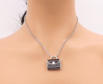 925 Sterling Silver Vintage Necklace Enameled Briefcase Charm Chain  NE4707