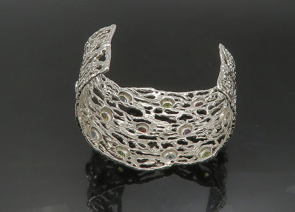 925 Silver Vintage Topaz Peridot & Multi Stone Sculpted Cuff Bracelet BT8996