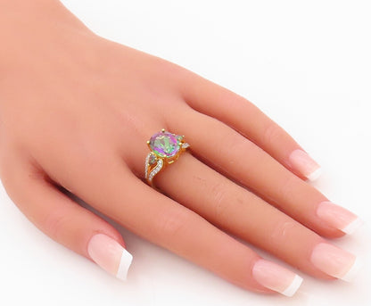925 Sterling Silver Vintage Ring Gold Plated Mystic Topaz CZ Inlay Sz 7 RG30425