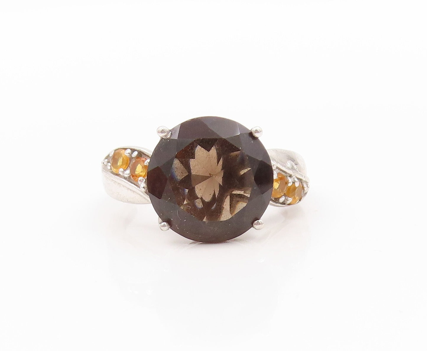 925 Sterling Silver Vintage Ring Swirled Gemstone Band Smoky Quartz Sz 7 RG31832