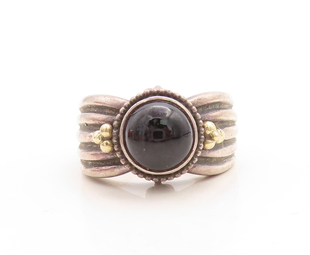 18k Gold 925 Sterling Silver Vintage Ring Grooved Cabochon Onyx Sz 10.5 RG31514