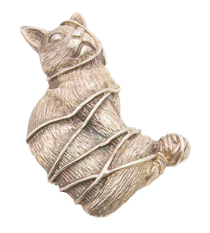 925 Sterling Silver Vintage Brooch Pin Etched Cat Caught In Yarn Ball  BP12667