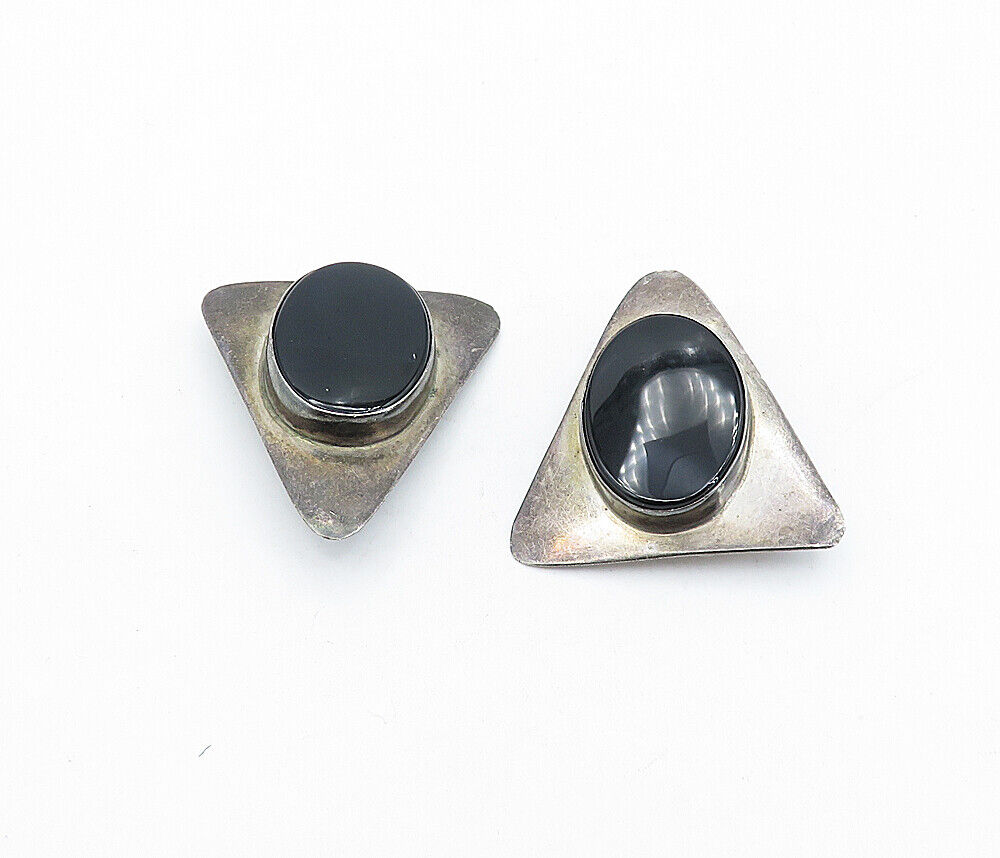 925 Sterling Silver  Vintage Black Onyx Triangle Non Pierce Earrings  EG2666