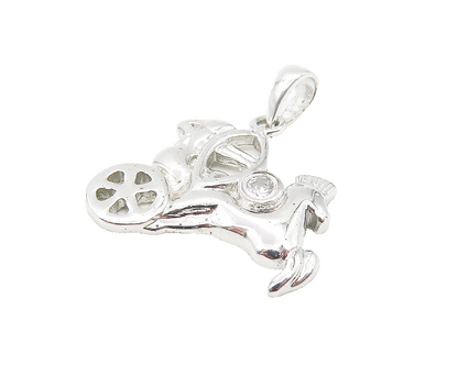 925 Sterling Silver  Petite Topaz Horse & Carriage Shiny Drop Pendant  PT9409