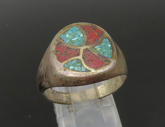 ZUNI NAVAJO 925 Silver  Vintage Turquoise & Coral Band Ring Sz 10  RG22889